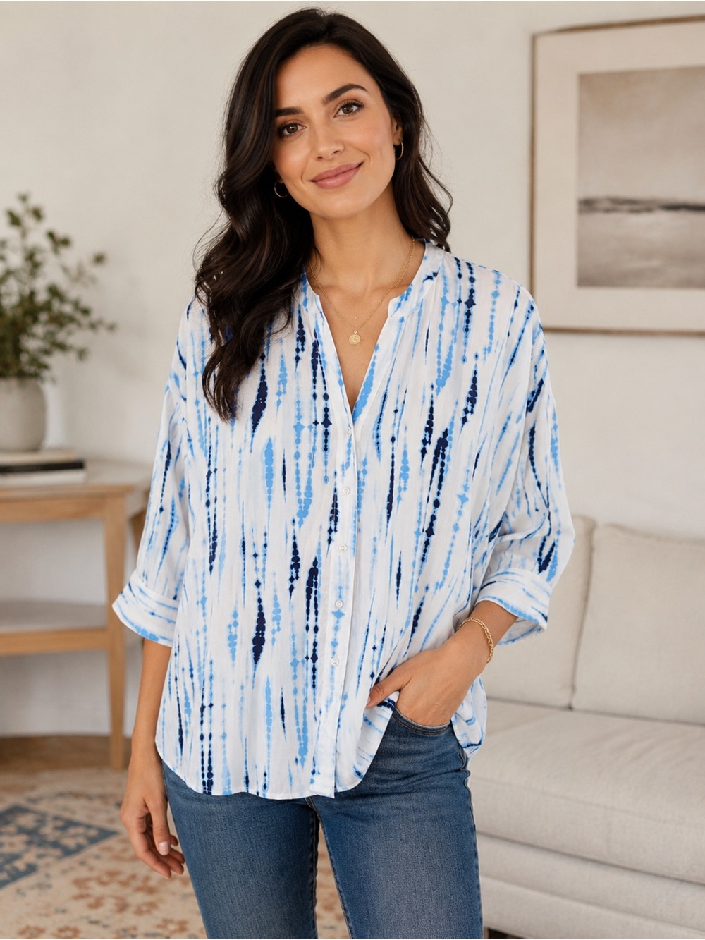 Olsen Blue Tie-Dye Tunic Button Down Shirt L Boho Coastal Lightweight Viscose
